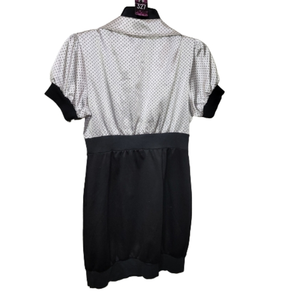 BEBOP dress black white polkadot satin top black buttons ruffles 60's happy days - Picture 2 of 6